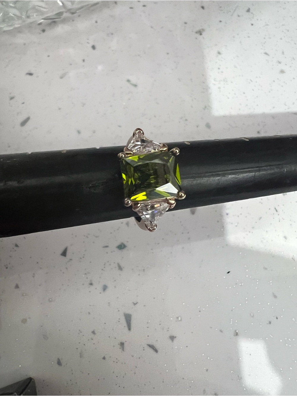 Green Square-Cut Gemstone Ring with Side Stones